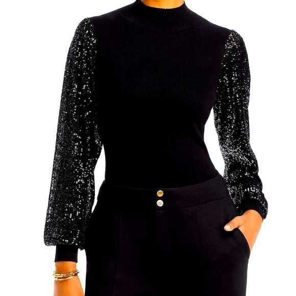 Tahari black mock neck top with sequin sleeves. Hand Washable. Size M. NWT. - Picture 3 of 9